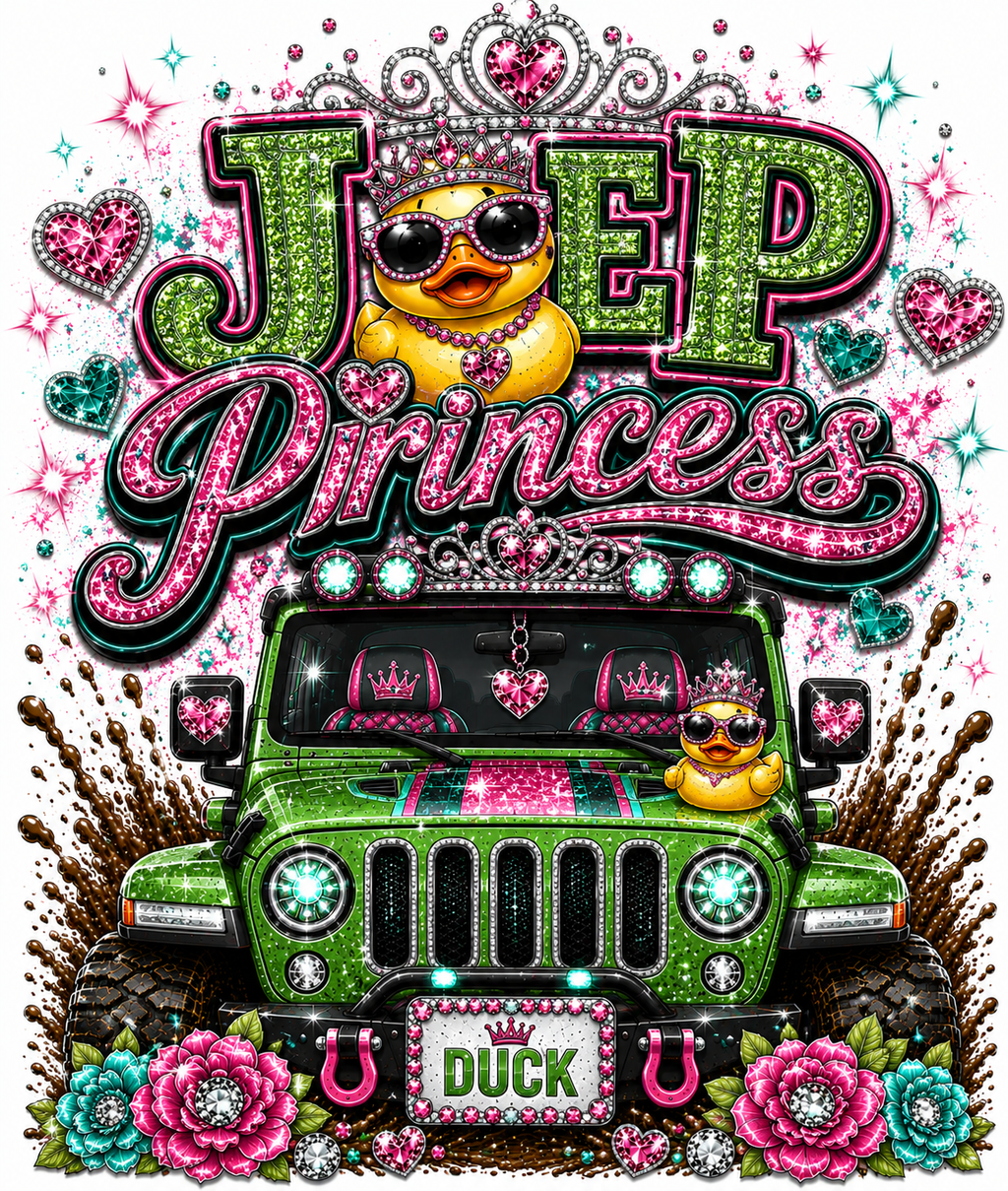 A vibrant graphic design featuring a green Jeep adorned with pink rhinestones, a small yellow rubber duck wearing sunglasses on the hood, and the words 'Jeep Princess' in glittery green and pink lettering. The design is decorated with pink hearts, turquoise and pink roses, horseshoes, and a silver tiara on a white background.