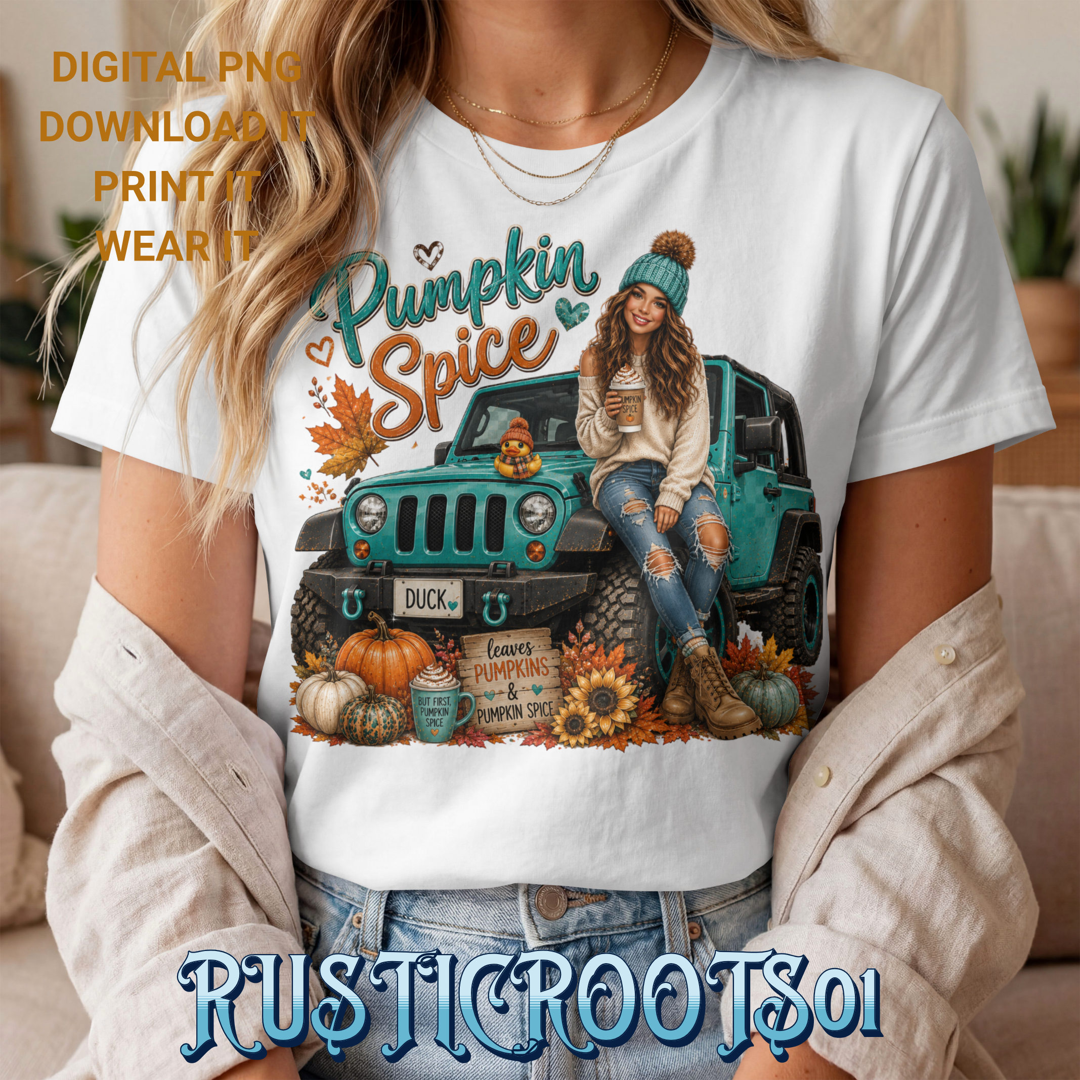 T-SHIRT PUMPKIN SPICE TEAL FALL Women’s Cotton crew neck